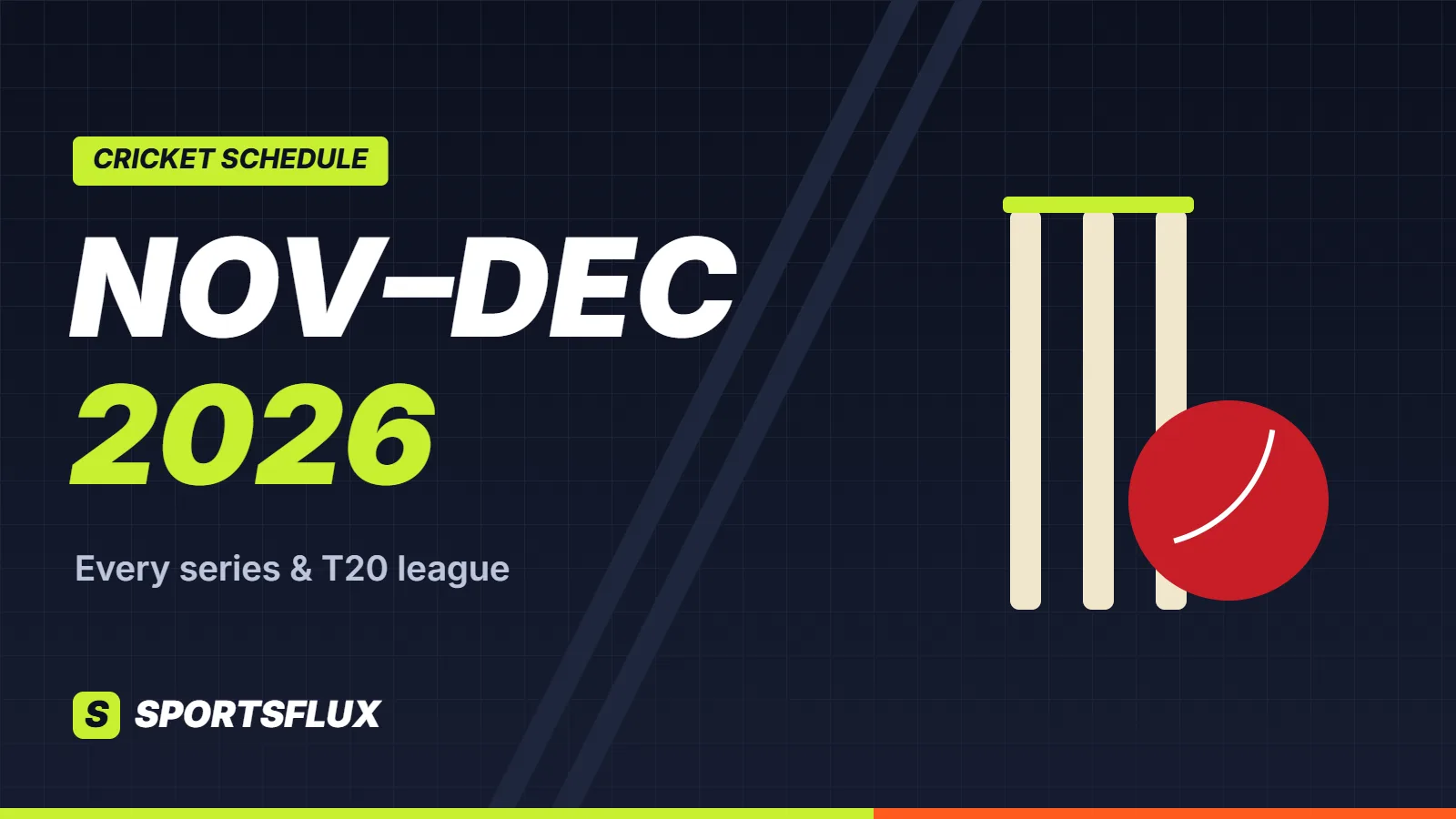 Cricket schedule November–December 2026 poster: stumps and a red cricket ball with the headline Nov–Dec 2026